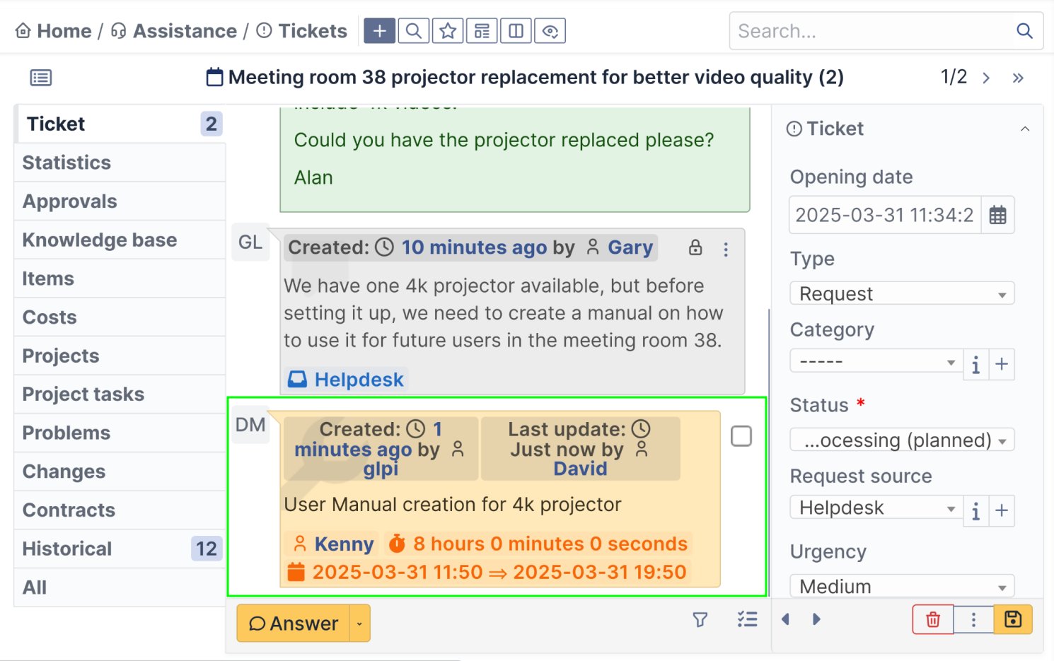 Fils de ticket avanc&eacute;s rassemblant t&acirc;ches, statuts, calendriers des ressources, notes priv&eacute;es,  et communications externes