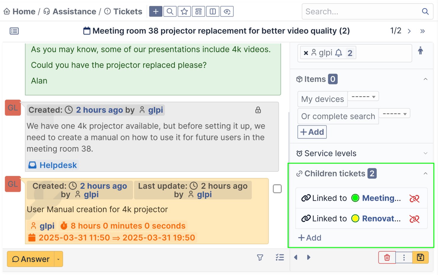 Cr&eacute;ez des sous-tickets(tickets enfants) dont les statuts d'&eacute;volution sont visibles depuis le ticket principal(ticket parent)